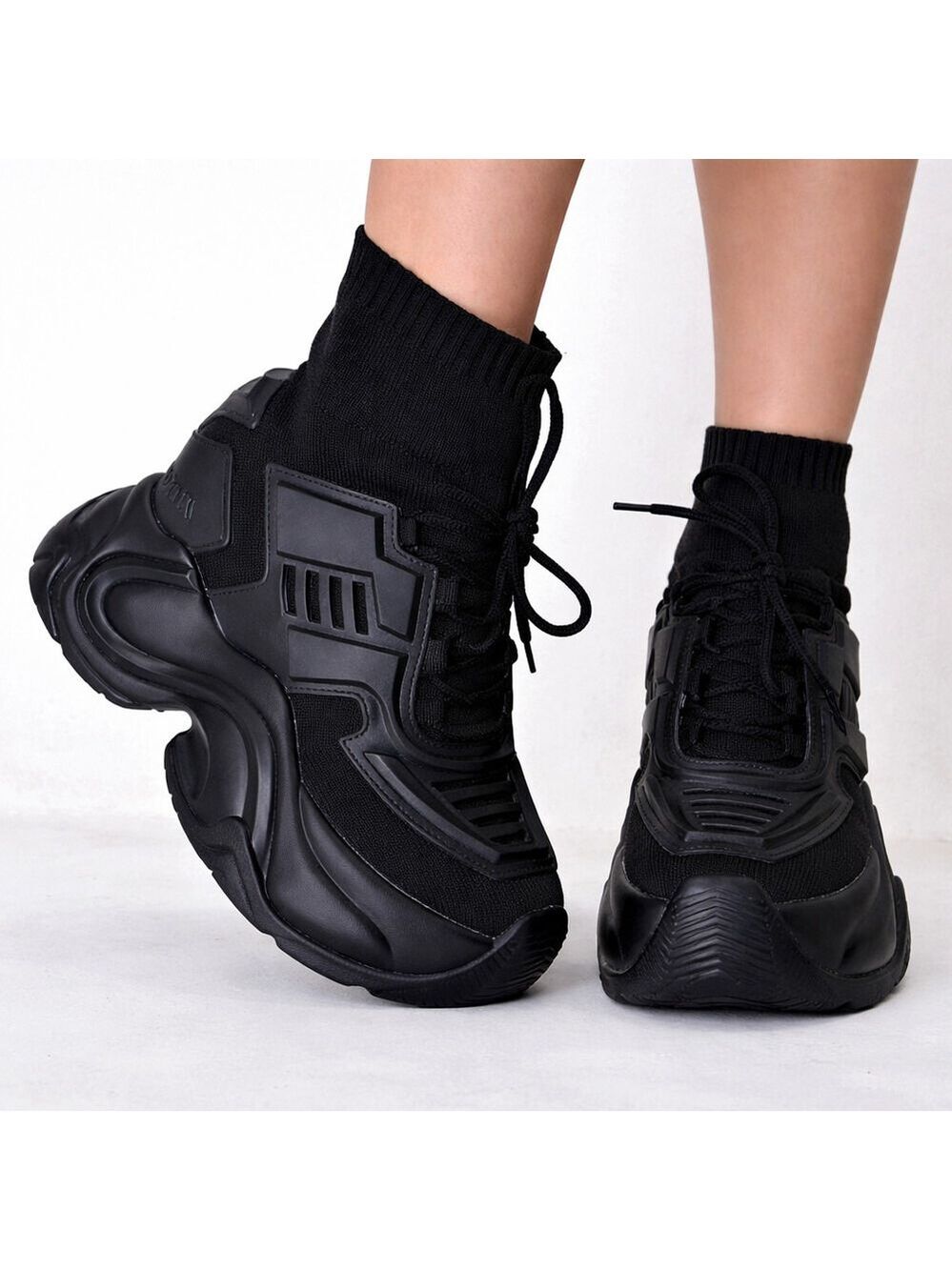 NIB Wang Jupiter Damson Pull On Knit Platform Sneaker 4" Hidden Wedge Black - Picture 5 of 8